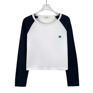Celine colorblock “Triomphe” embroidered cotton crewneck long-sleeve T-shirt